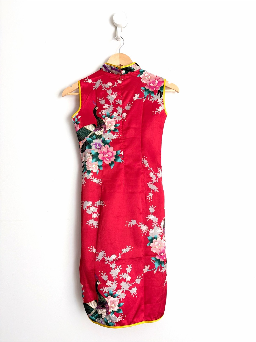 Vintage 100% Silk Mandarin Collar Floral Peacock Dress XS - Picture 2 of 5